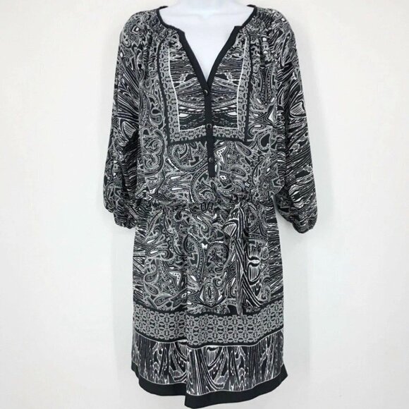 Cache Women’s Blouson Dress  Size M Paisley Print Black & White Button Up V Neck - Picture 2 of 10